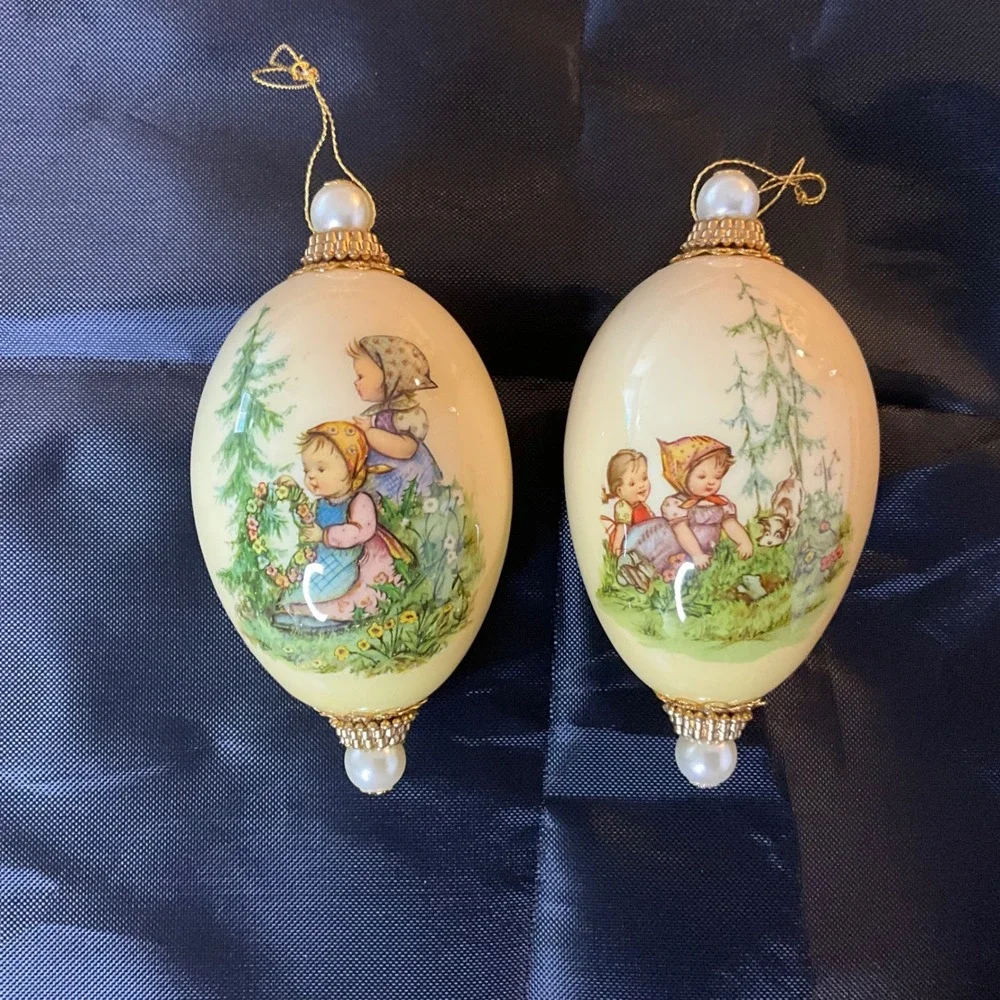 Vintage Hummel Inspired Porcelain Ornaments 2 Garden‎ Scene Christmas Coquette